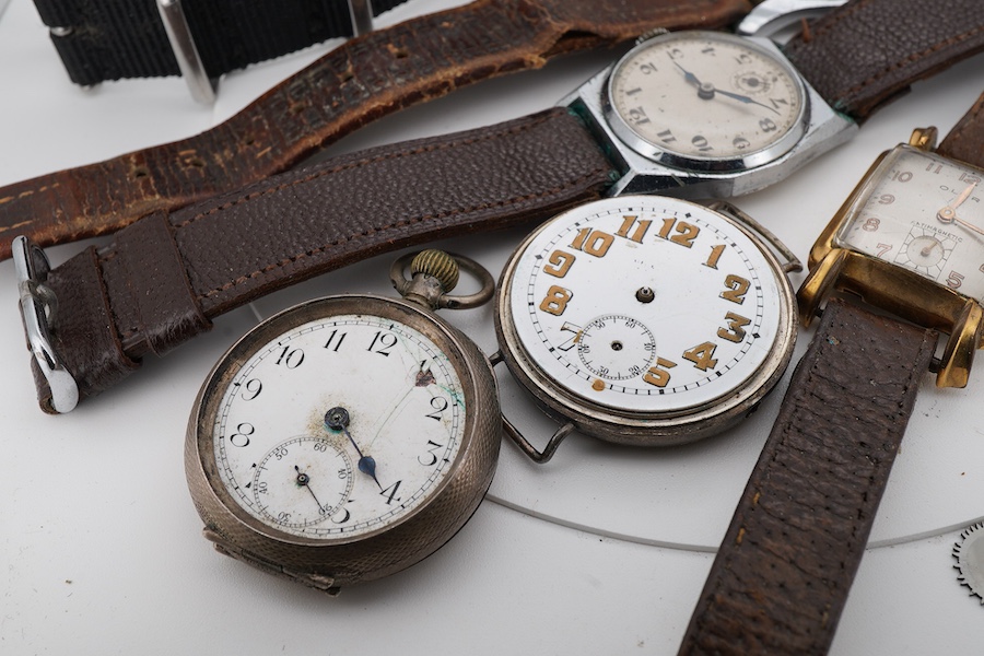 A gentleman's 1930's 9ct gold Vertex manual wind wrist watch, with Arabic dial and subsidiary seconds, case diameter 28mm, together with four other wrist watches including Geneva Sport and a silver fob watch.